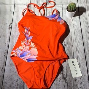Athleta Vintage Floral Orange One Piece Bathing Suit